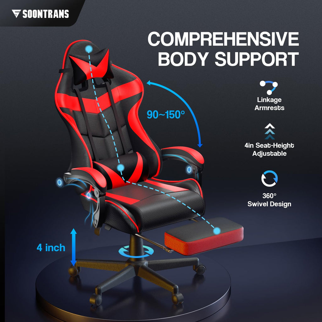 Silla gamer Soontrans con masajeador, reposapiés y reposacabezas, ergonómica, cojín de masaje lumbar, transmisión en vivo de YouTube y PlayStation (azul) 