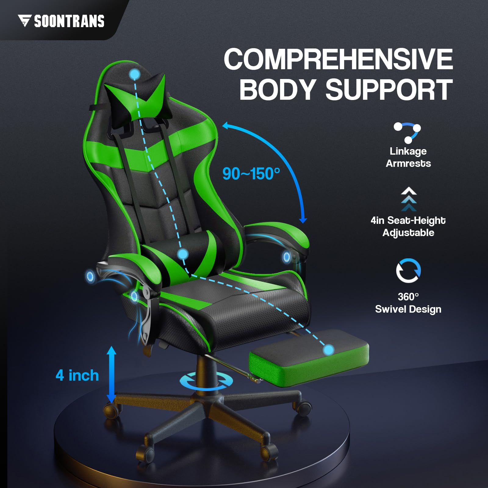 Silla gamer Soontrans con masajeador, reposapiés y reposacabezas, ergonómica, cojín de masaje lumbar, transmisión en vivo de YouTube y PlayStation (azul) 