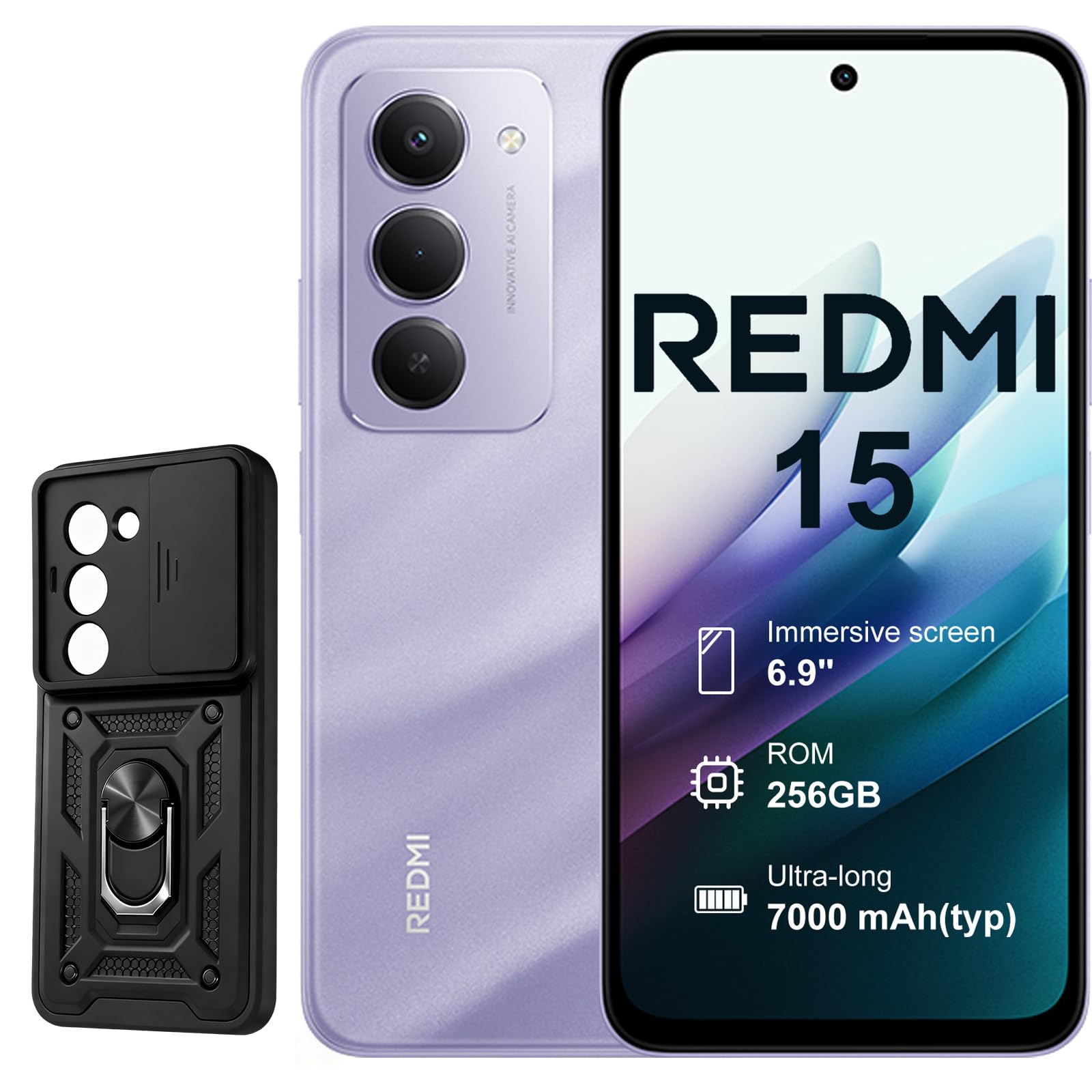 XIAOMI Redmi 15 4G 8+256GB Smartphone – Batería 7000mAh | Pantalla 6.9" FHD+ 144Hz | Snapdragon 685 | Cámara Dual 50MP | Carga Rápida 33W | Diseño Quad-Curve (Negro, con Funda)