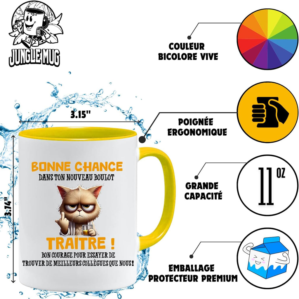 Jungle Mug Caneca do colega | presente divertido de início para colega | Boa sorte traidor! Caneca de humor preta | Caneca de presente para escritório, compatível com máquina de lavar louça e