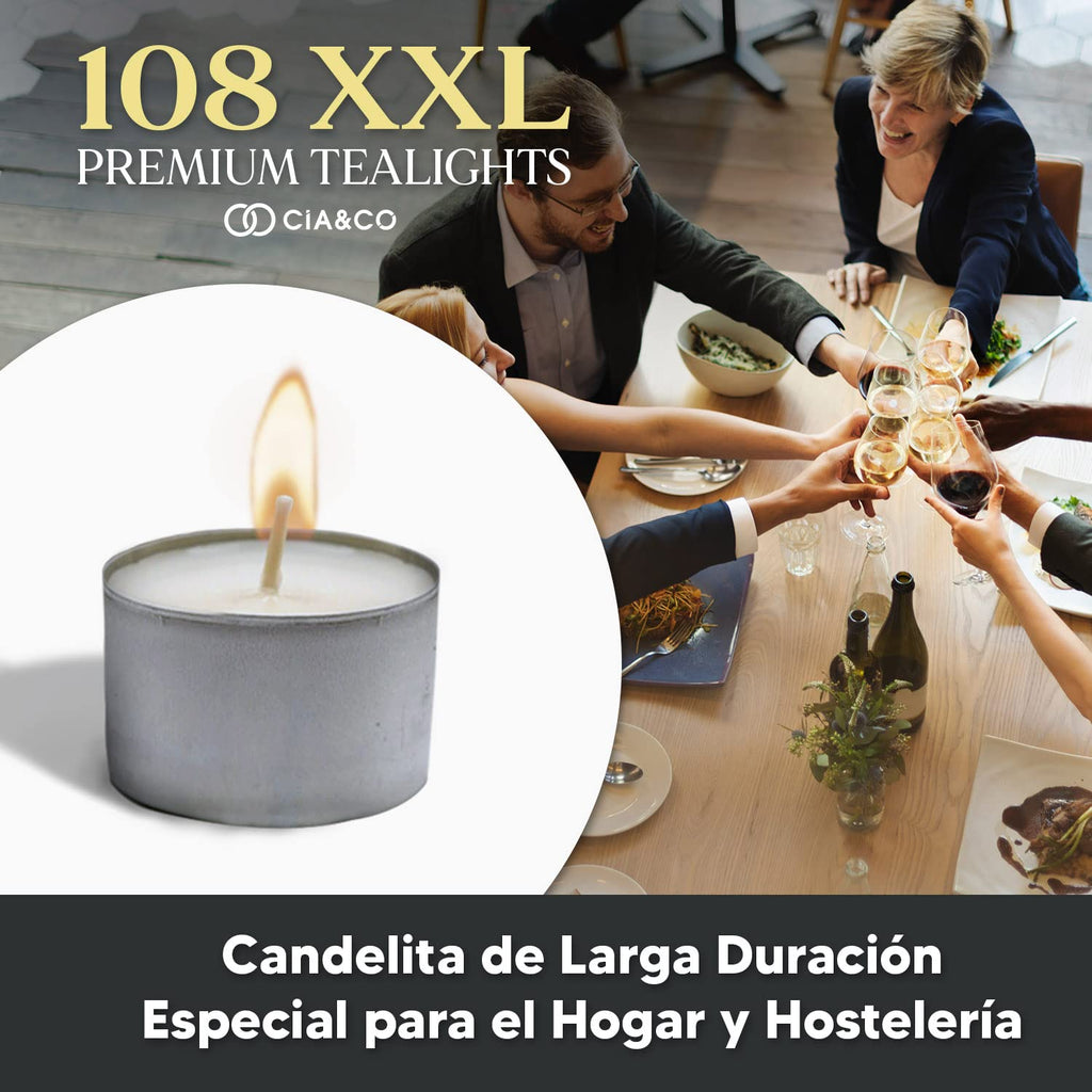 Cia&Co Pack of 108 Tea Lights 8 Hours XXL Long Lasting Round White Candles + 8 Hours Unscented and 100% Paraffin, Diameter 38 mm, Ideal Hospitality Without Odor