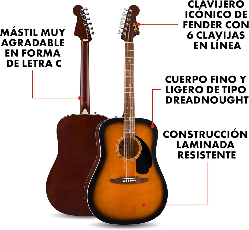 Fender California Debut Redondo Dreadnought Acoustic Guitar, Spruce Top, Black Pickguard, 2-Colour Sunburst