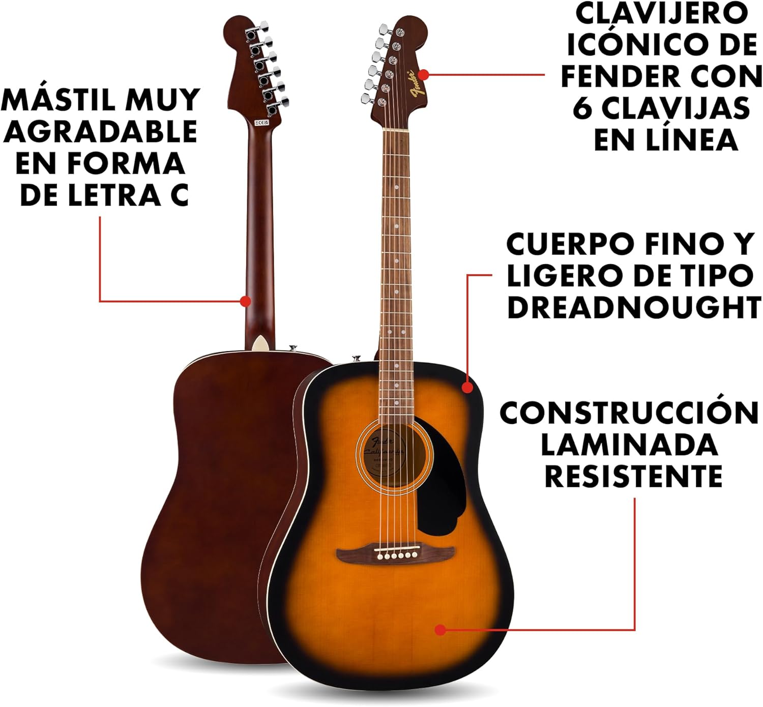 Fender California Debut Redondo Dreadnought Acoustic Guitar, Spruce Top, Black Pickguard, 2-Colour Sunburst