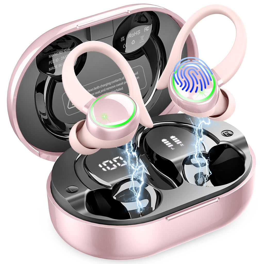 Bluetooth Headphones, Mpermeable Wireless Noise Cancelling Headphones ENC and 4 HD Mics, Sports Bluetooth Headphones with HiFi Stereo, Wireless Earbuds with Display