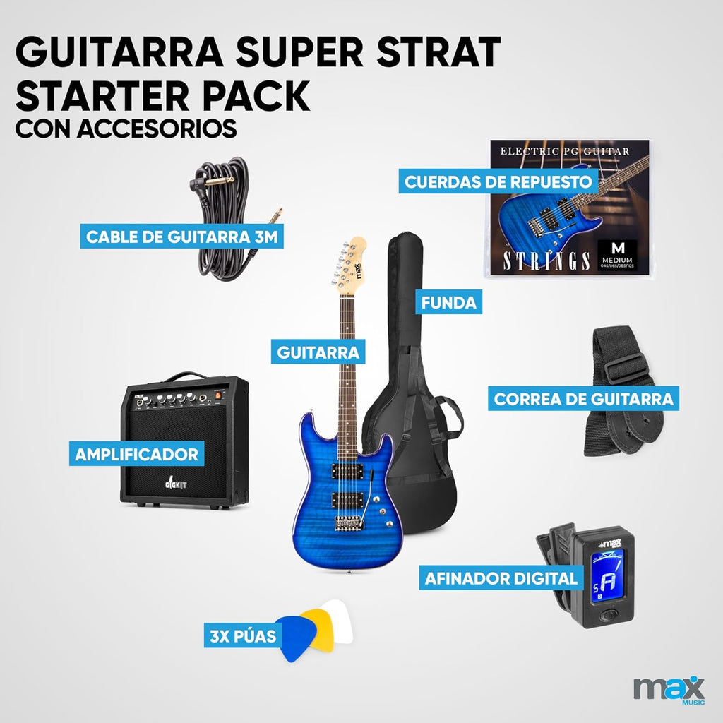 MAX GigKit Pack guitarra elétrica azul escuro Quilted com amplificador de 40 W, ajustador, capa, correia e conjunto de cordas, conjunto de iniciação completo para iniciantes ou presente musical