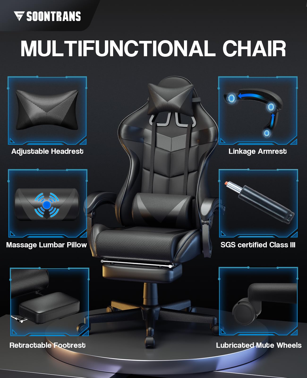 Silla gamer Soontrans con masajeador, reposapiés y reposacabezas, ergonómica, cojín de masaje lumbar, transmisión en vivo de YouTube y PlayStation (azul) 