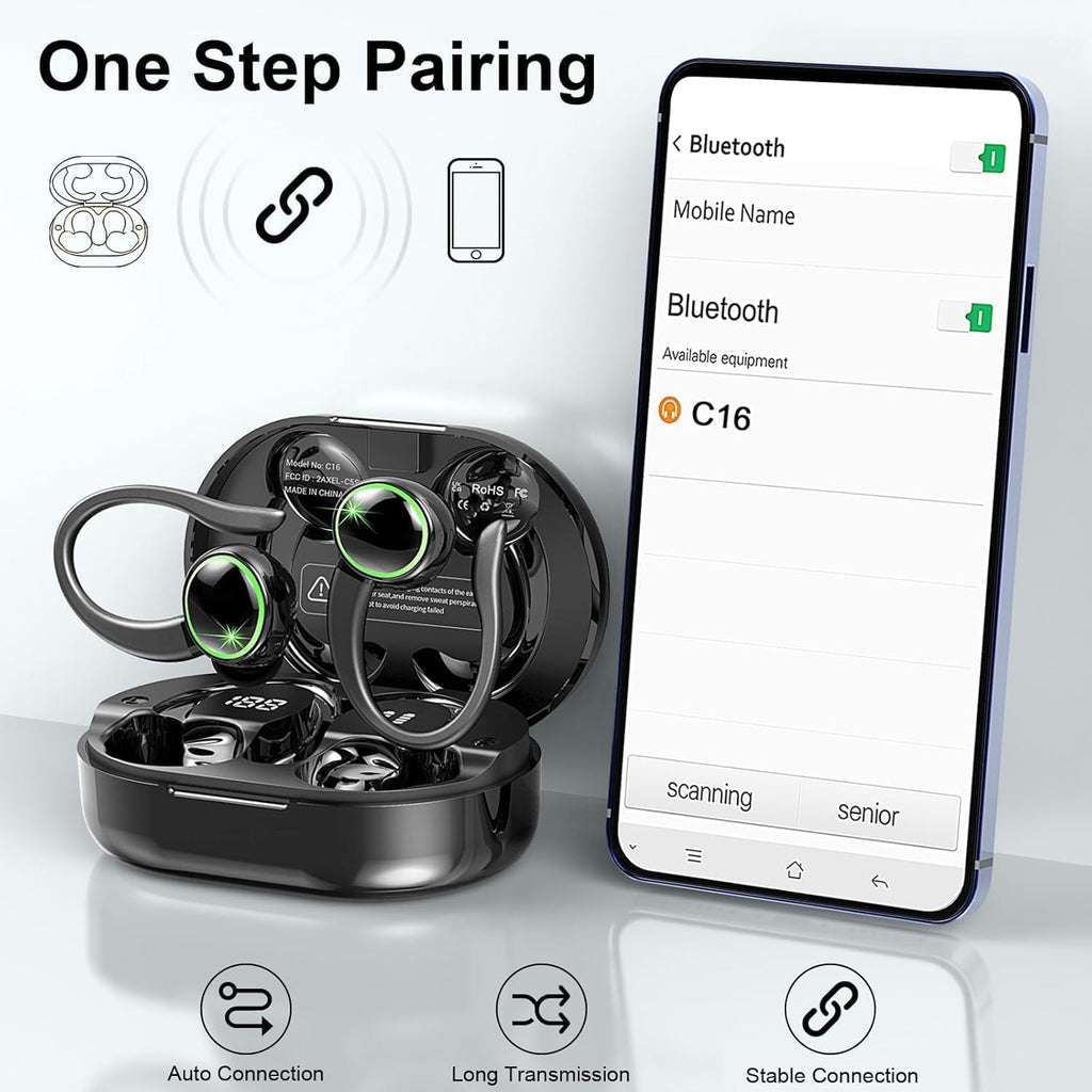 Bluetooth Headphones, Mpermeable Wireless Noise Cancelling Headphones ENC and 4 HD Mics, Sports Bluetooth Headphones with HiFi Stereo, Wireless Earbuds with Display