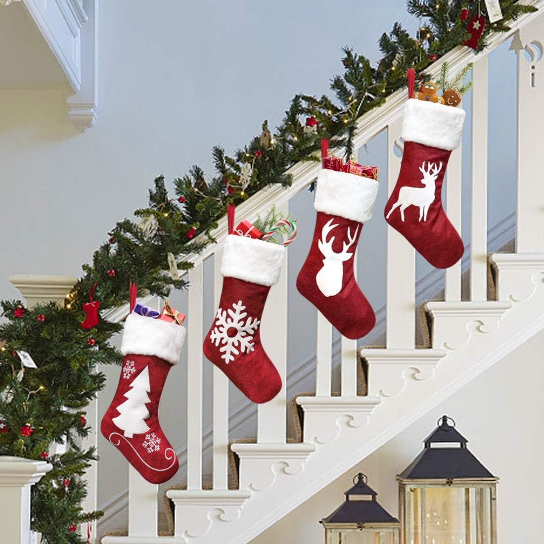 Dremisland 4 peças meia de Natal grande 46 cm meias de Natal bolsa de presente bordado de boneco neve rena média de Natal ornamento de Natal saco de doces