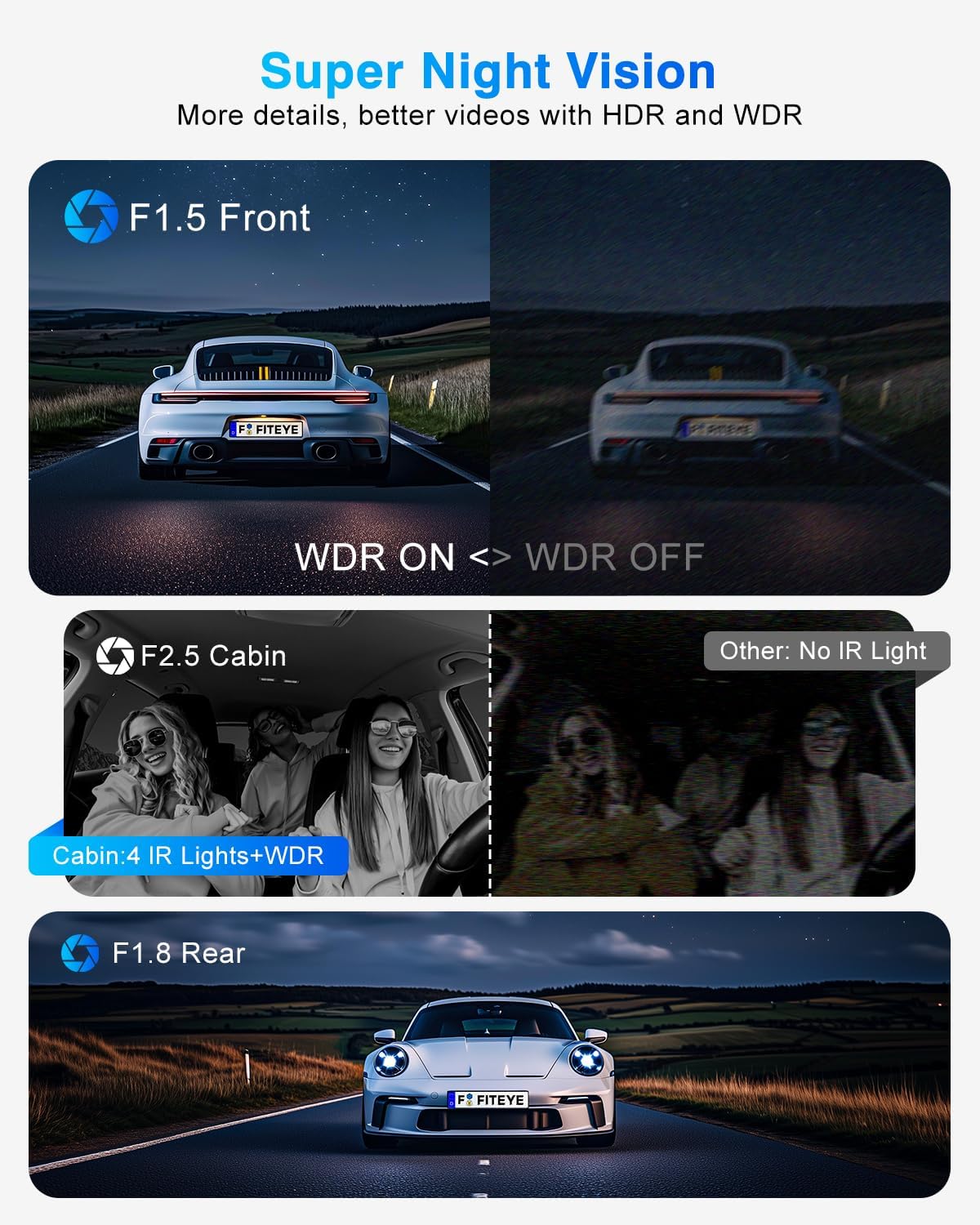 3 Channel 4K Dash Cam, IMX335 STARVIS Sensor, 4K+2K Front and Inside, 2K+1080P+1080P Front and Rear Inside Dash Camera for Cars, Free 64GB Card, Built in WiFi GPS, Intelligent Voice Control