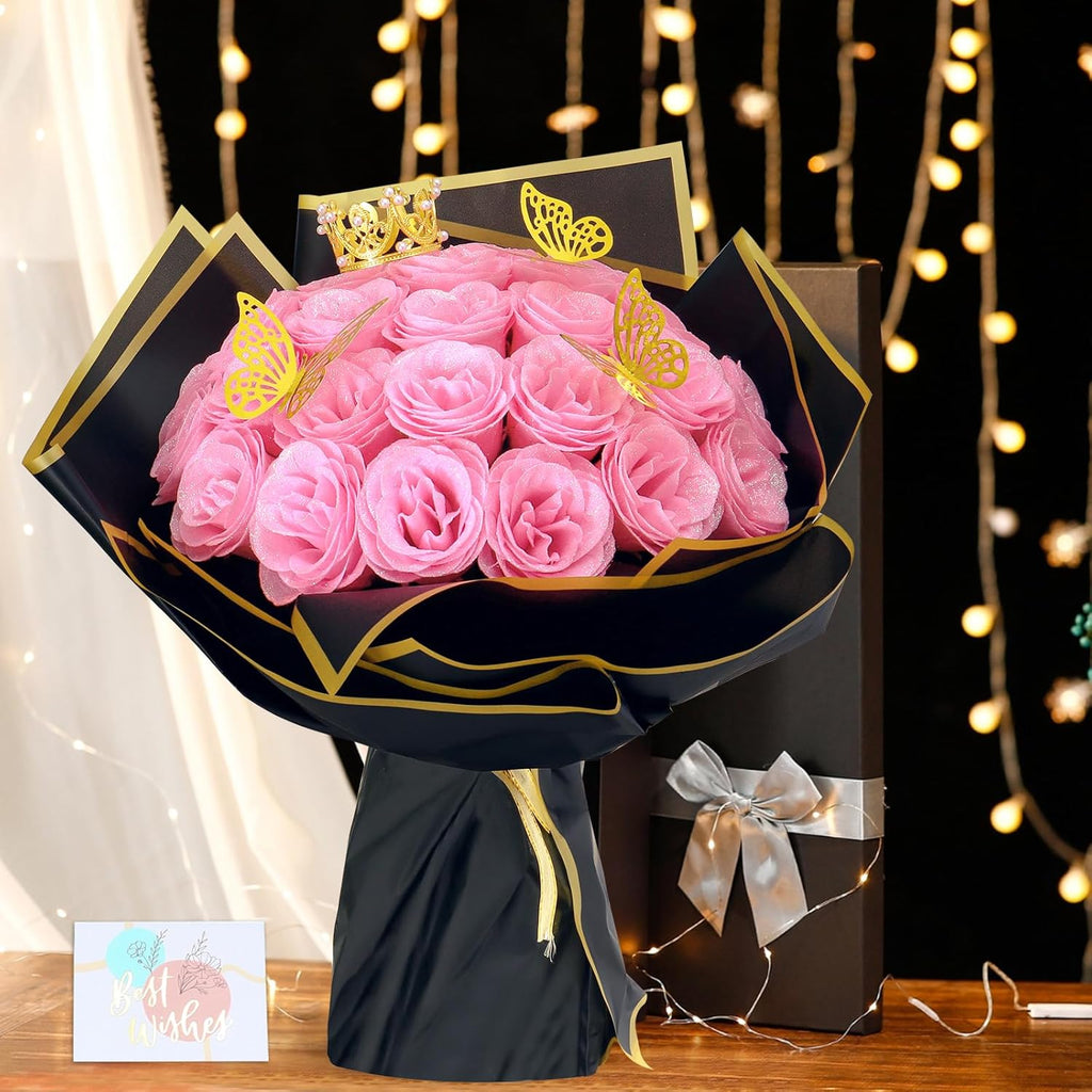 Dremisland Ramo de rosas com purpurinas rosa 26 peças flores artificiais ramo de rosas falsas com haste longa flores falsas para noiva casamento e compromissos casa jardim centros de mesa decoração