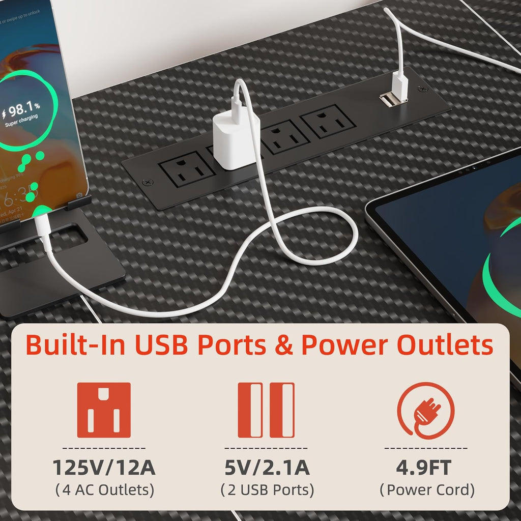 2 Person Computer Desk with Power Strip, Gaming Desk with LED Lights, Storage Rack, Long Double Desk with Monitor Shelf for Home Office, Black&Red Carbon Fiber, 80.8" W