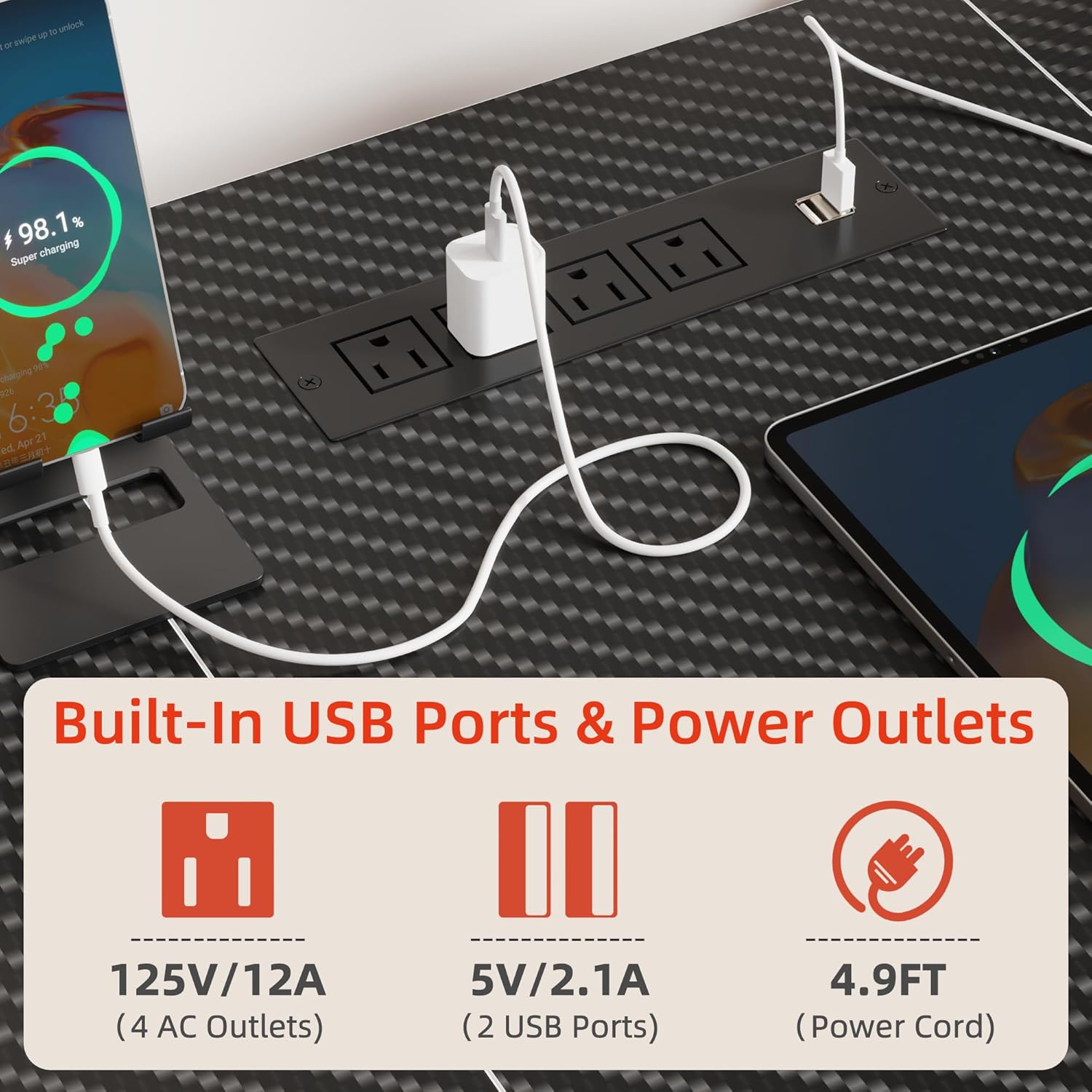 2 Person Computer Desk with Power Strip, Gaming Desk with LED Lights, Storage Rack, Long Double Desk with Monitor Shelf for Home Office, Black&Red Carbon Fiber, 80.8" W