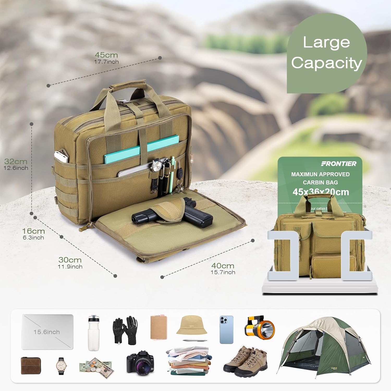 SPAHER Pasta trabalho homem mala de ombro militar tática para computador portátil 14/15,6/17 polegadas porta-documentos mala presente, L-15,6/17" - preto-modelo melhorado, Negócios