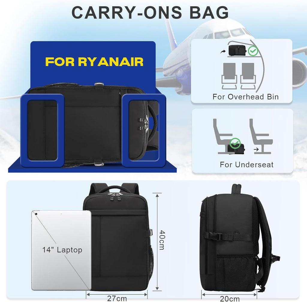 Mochila Viaje Cabina Avion 40x30x20 para Ryanair Equipaje de Mano Mochila con Bolsa Antirrobo y Orificio de Carga Maletas de Viaje para Ryanair Vueling Wizz Air
