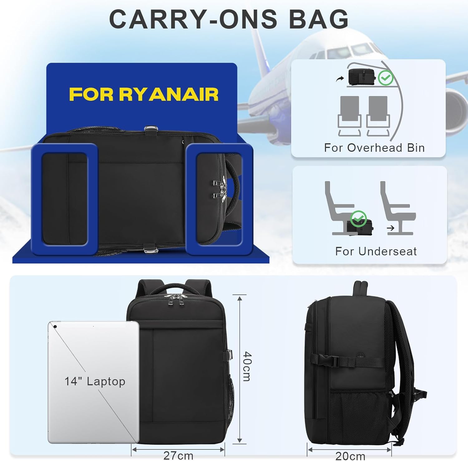 Mochila Viaje Cabina Avion 40x30x20 para Ryanair Equipaje de Mano Mochila con Bolsa Antirrobo y Orificio de Carga Maletas de Viaje para Ryanair Vueling Wizz Air