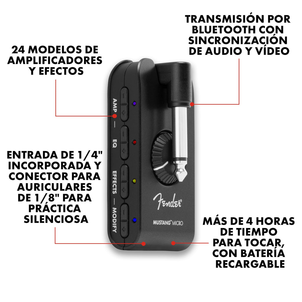 Fender Mustang Micro Plus amplificador de guitarra, amplificador de auriculares pessoal com 25 modelos de amplificador, 25 efeitos, Bluetooth e 100 presets, recarregável por USB