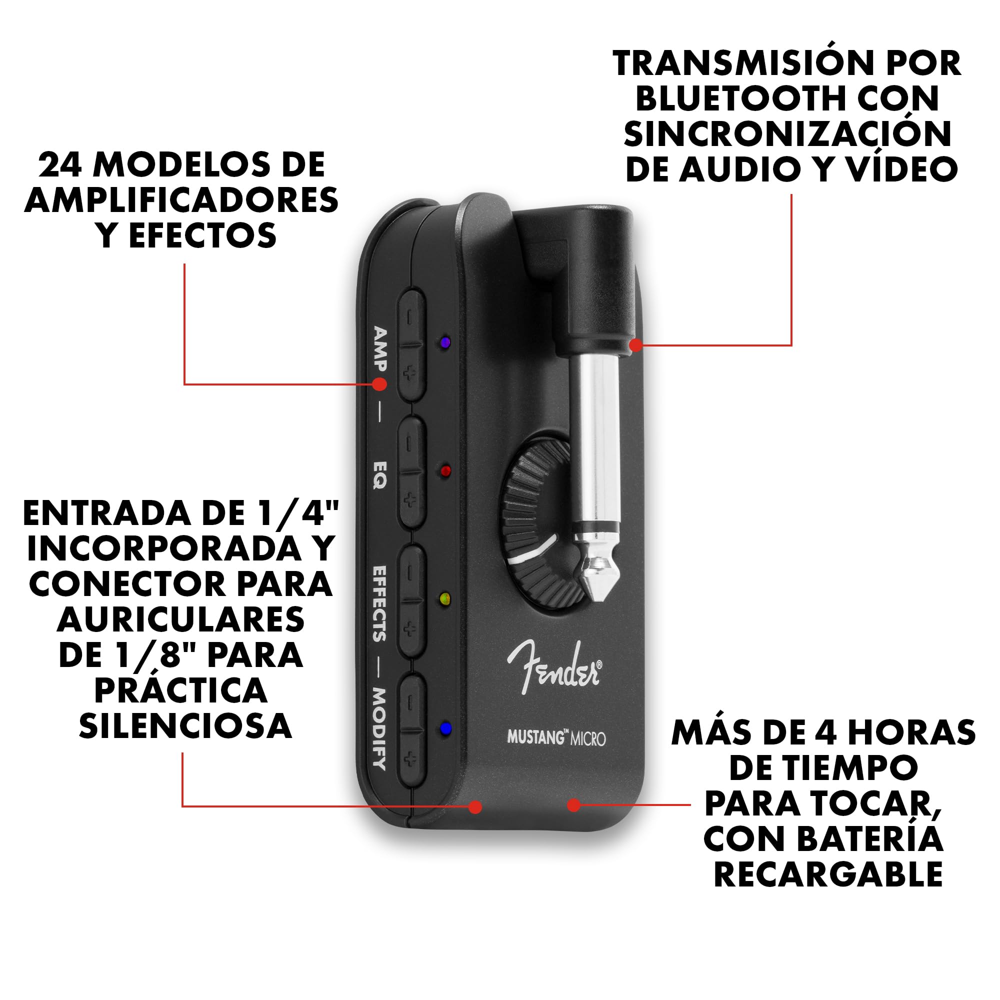 Fender Mustang Micro Plus amplificador de guitarra, amplificador de auriculares pessoal com 25 modelos de amplificador, 25 efeitos, Bluetooth e 100 presets, recarregável por USB