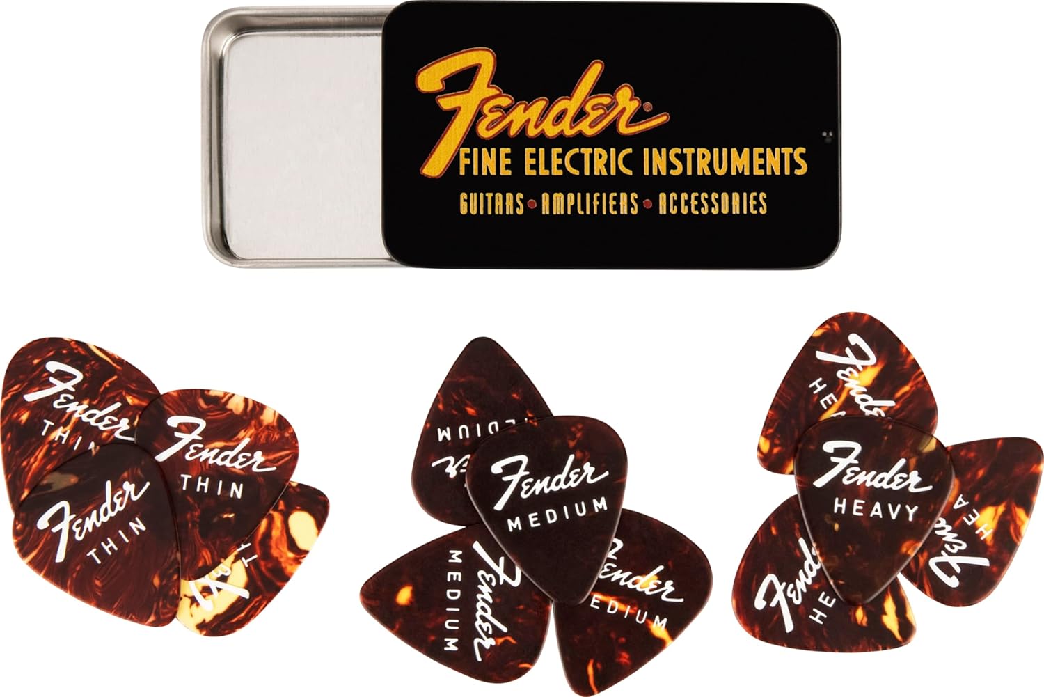 Fender «FINE ELECTRIC PICK TIN» Púas en Caja de Coleccionista - 12 Piezas, Celuloide, Forma 351, 3 Grosores, Color Tortoise Shell Sunburst
