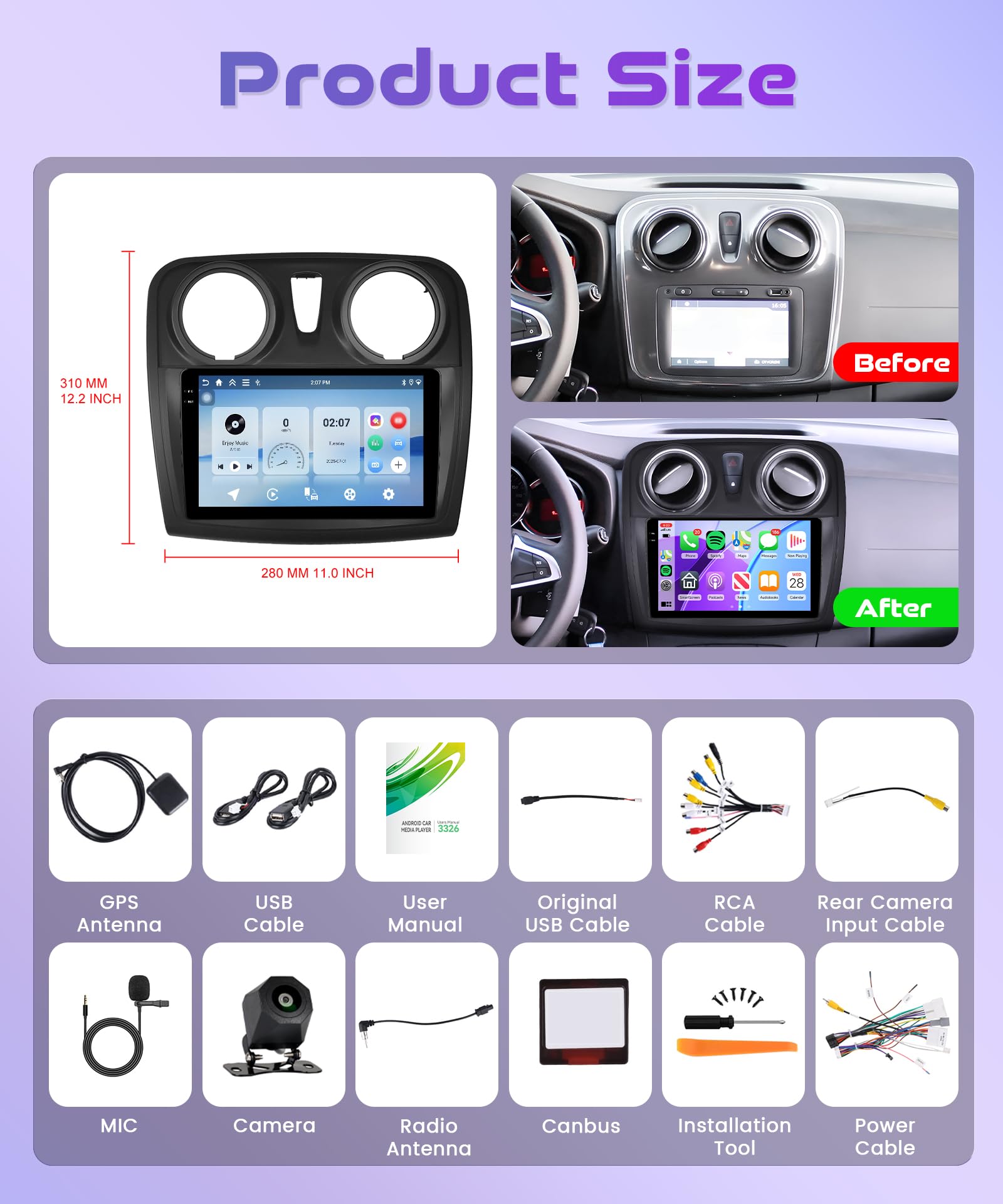 2G+64G Wireless Carplay Android Car Radio for Renault Dacia Logan 2 Sandero B52 2012-2019 9 Inch Radio with Android Auto Navi GPS WiFi Mirror Link Bluetooth FM/RDS/Dab/SWC Rear Camera