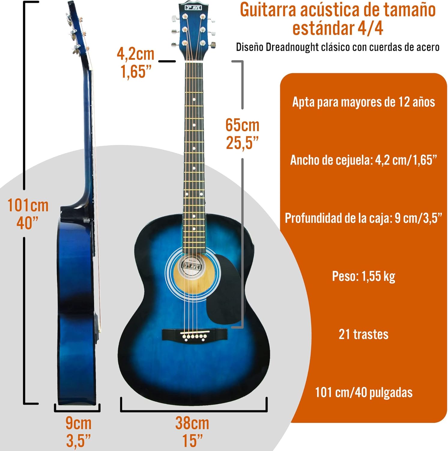 3rd Avenue Pack de guitarra acústica de tamaño estándar 4/4 con cuerdas de acero para principiantes de 3rd Avenue, funda de transporte, púas y cuerdas de repuesto, Azul