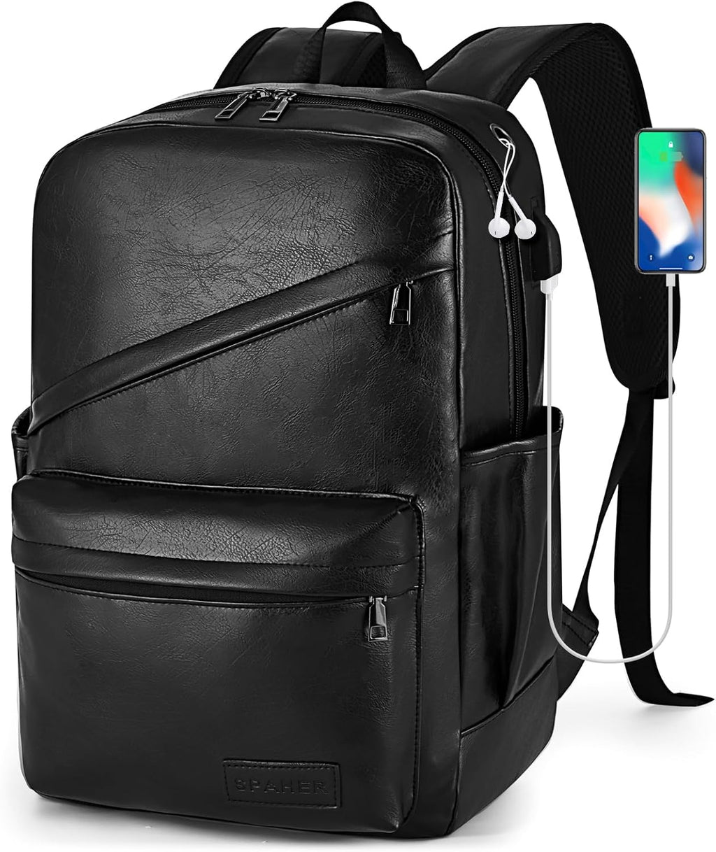 SPAHER Mochila de couro viagem cabine avião 40 x 30 x 20 Wizzair bagagem de mão mochila portátil 15,6 polegadas impermeável com porta de carregamento USB para trabalho escolar homens mulheres 25 L