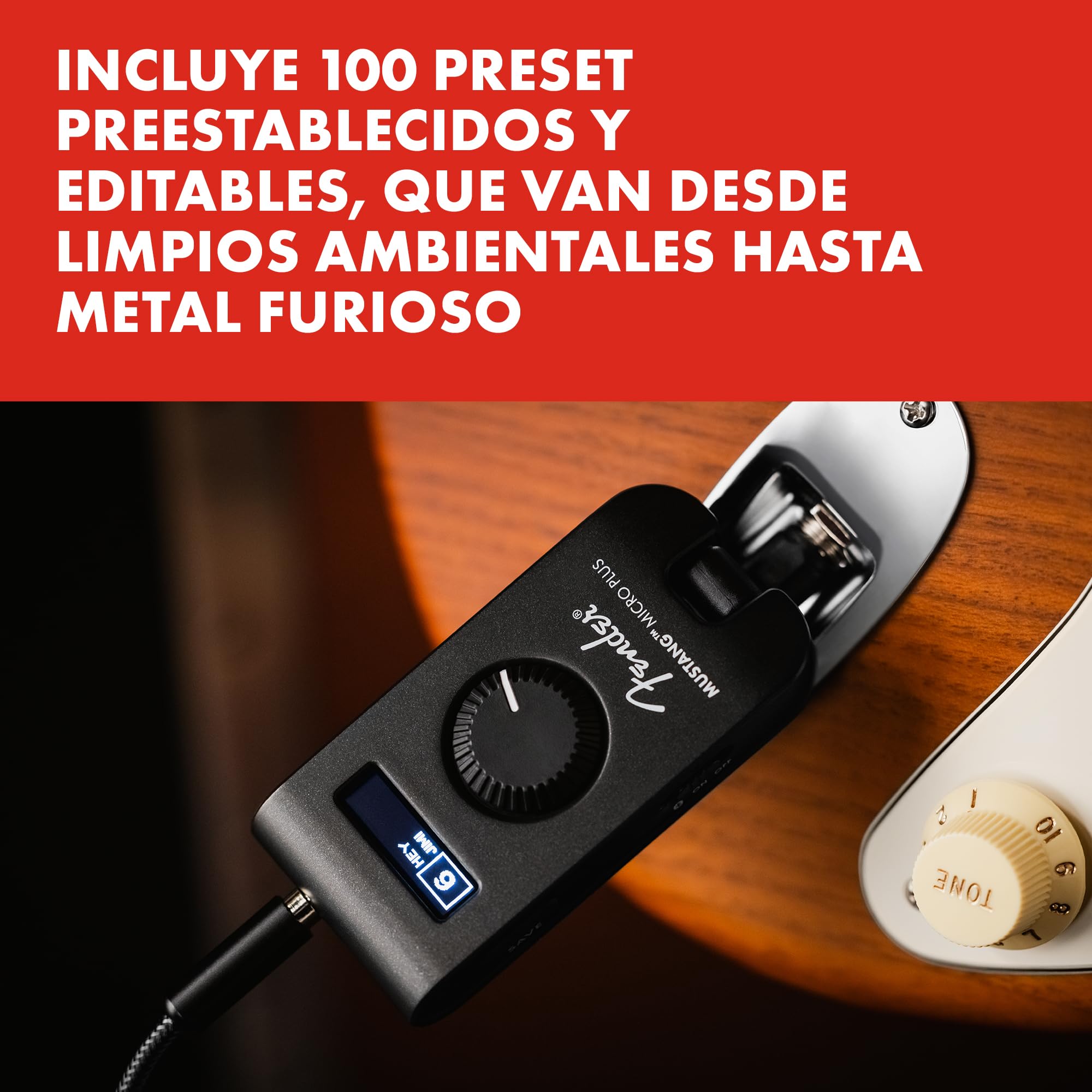 Fender Mustang Micro Plus amplificador de guitarra, amplificador de auriculares pessoal com 25 modelos de amplificador, 25 efeitos, Bluetooth e 100 presets, recarregável por USB