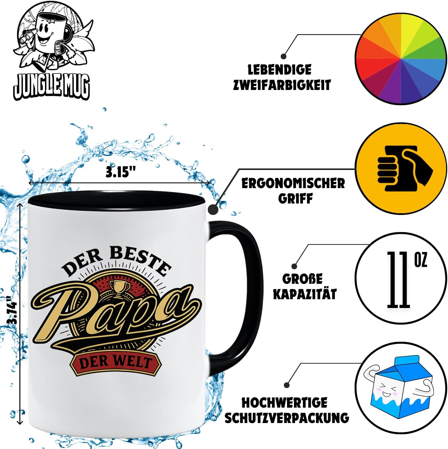 Jungle Mug Caneca com texto em alemão Der Beste papa der Welt | Kaffeeasse als Vatertagsgeschenk | Geburtstag | Geschenkidee Vater-tag | Bester Geschenk Geburtstag