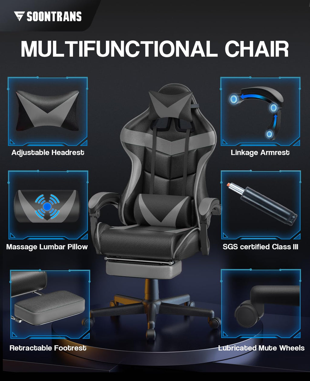 Silla gamer Soontrans con masajeador, reposapiés y reposacabezas, ergonómica, cojín de masaje lumbar, transmisión en vivo de YouTube y PlayStation (azul) 