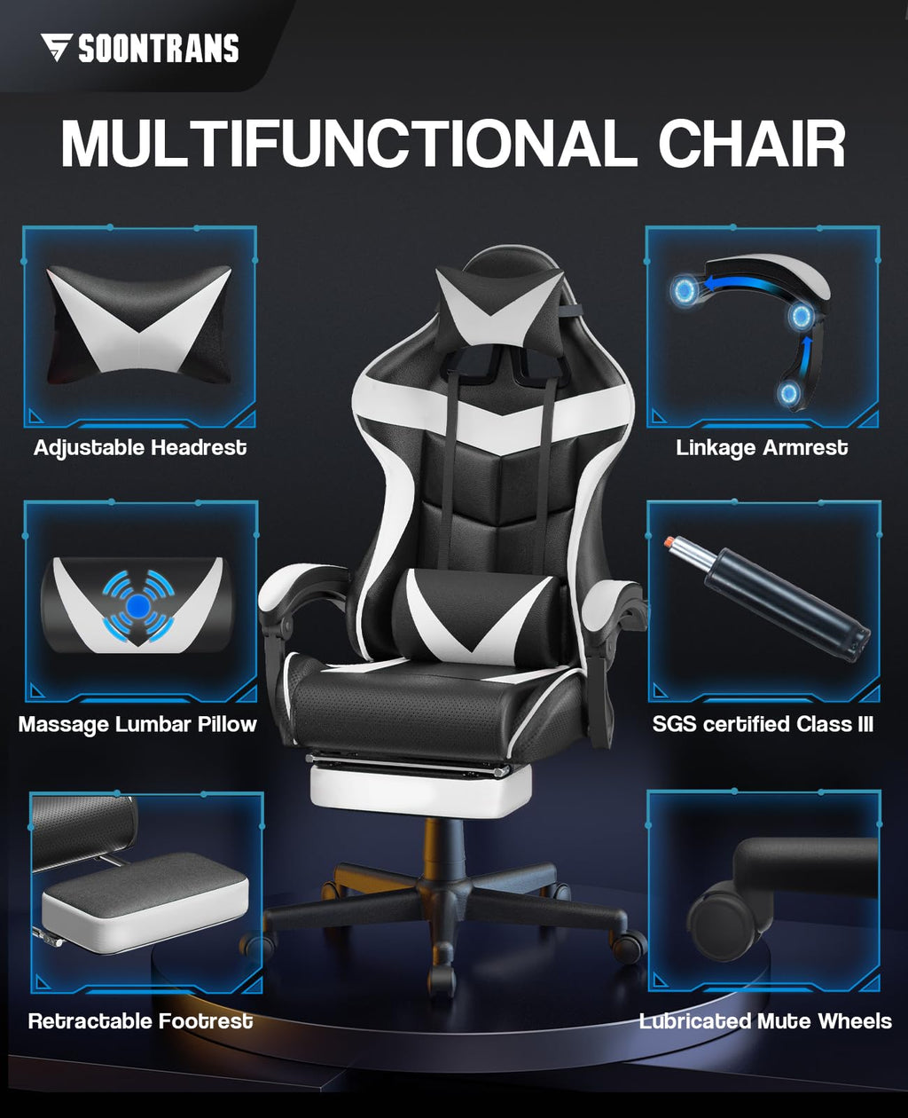 Silla gamer Soontrans con masajeador, reposapiés y reposacabezas, ergonómica, cojín de masaje lumbar, transmisión en vivo de YouTube y PlayStation (azul) 