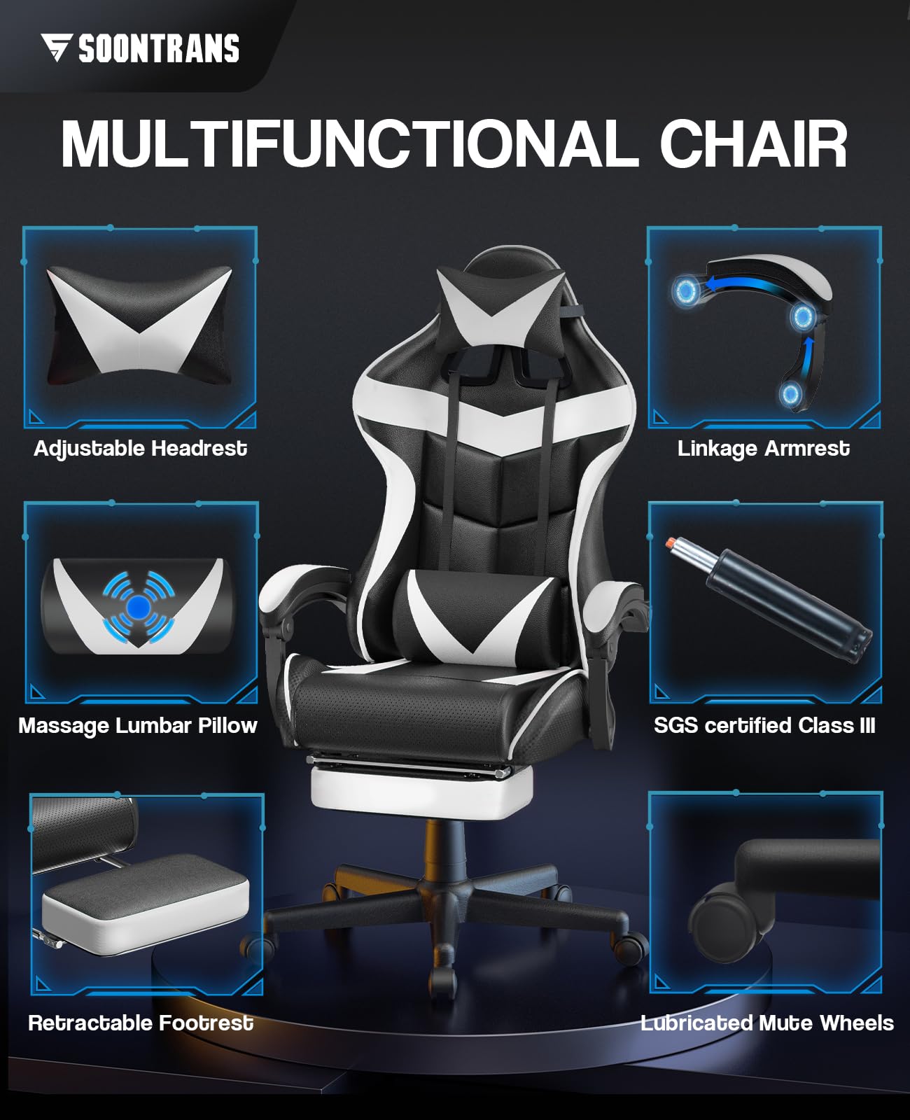 Silla gamer Soontrans con masajeador, reposapiés y reposacabezas, ergonómica, cojín de masaje lumbar, transmisión en vivo de YouTube y PlayStation (azul) 