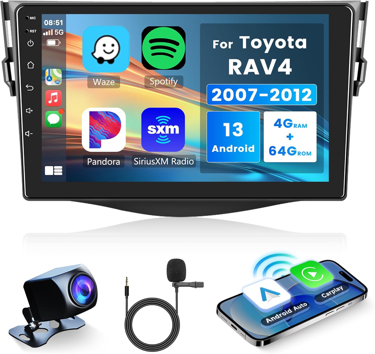 4G+64G Wireless Carplay Android Car Radio 2 DIN for Toyota RAV4 2007-2012 with Android Auto Navi GPS WiFi 9 Inch Car Radio with Mirror Link Bluetooth FM/RDS/DAB/DVR/32 EQ/SWC Rear Camera