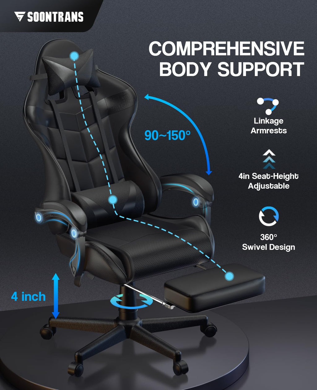 Silla gamer Soontrans con masajeador, reposapiés y reposacabezas, ergonómica, cojín de masaje lumbar, transmisión en vivo de YouTube y PlayStation (azul) 