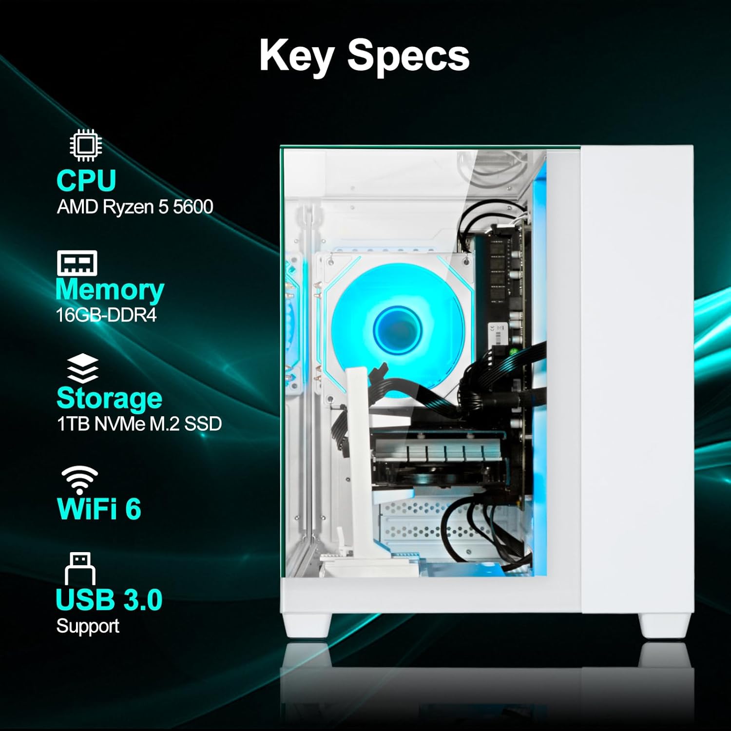 Gaming PC Desktop Computer - Ryzen 5 5600, Radeon RX 6500XT 4GB, 16GB DDR4 RAM, 1TB NVME SSD, Prebuilt Tower Computer (White)