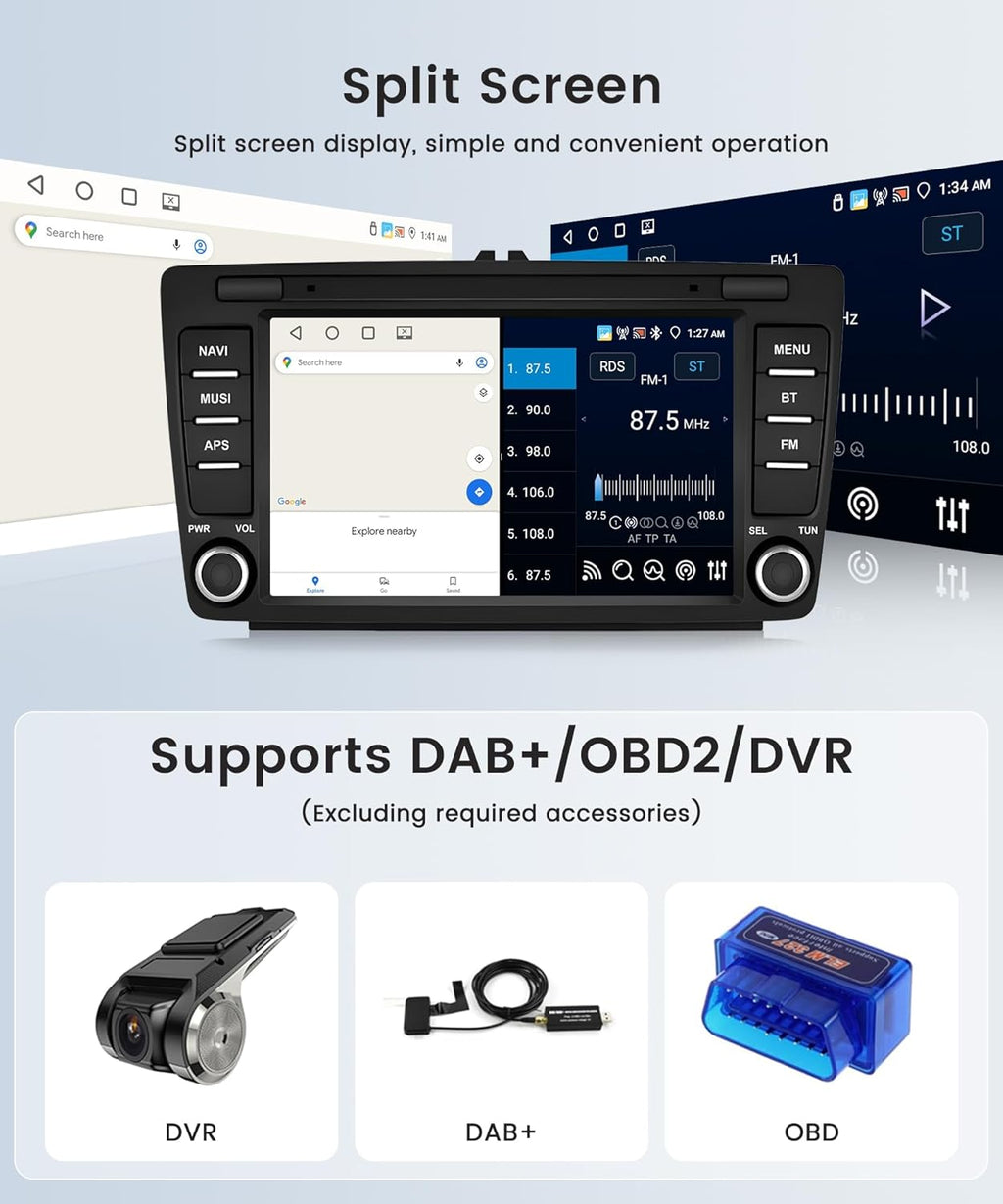4G+64G Wireless Carplay Android Car Radio for Skoda Octavia 2 MK2 Rapid Yeti Roomster Suparab 8 Inch Radio with Android Auto Navi GPS WiFi Mirror Link Bluetooth FM/RDS/EQ Rear Camera