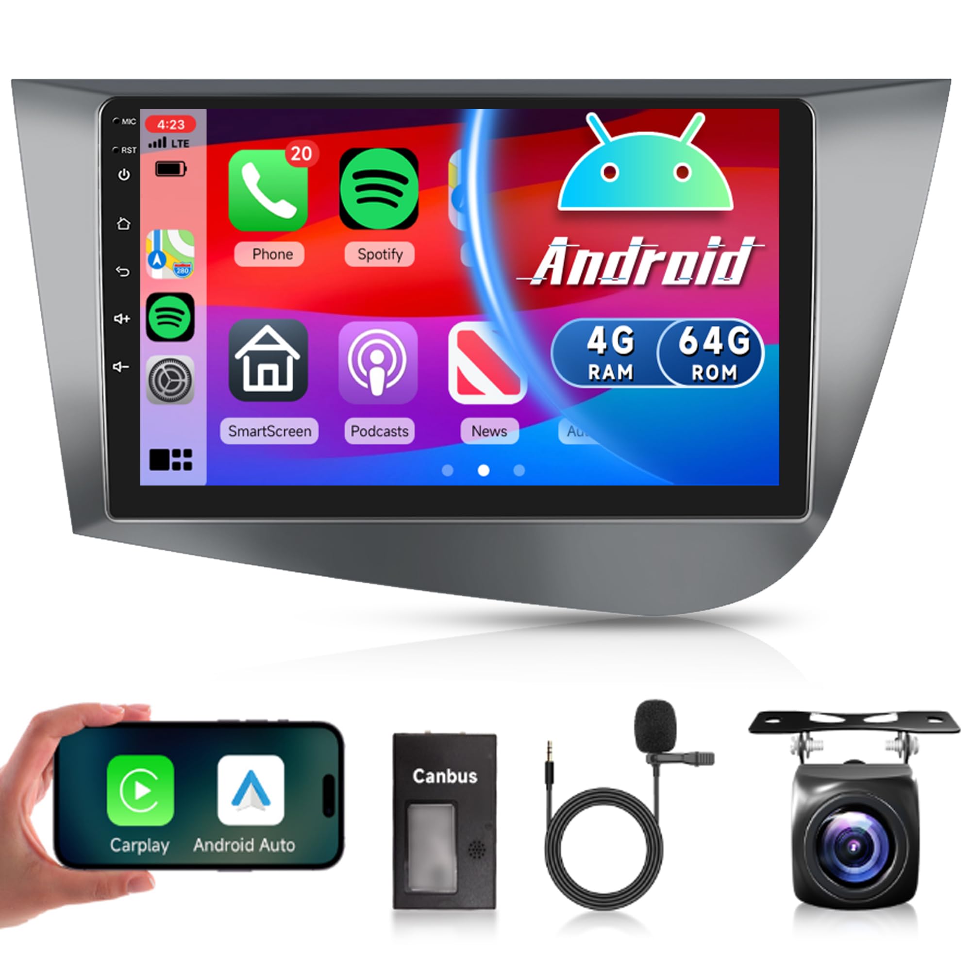 4G+64G Wireless Carplay Android Car Radio for Seat Leon 2 MK2 2005-2012 9 Inch Touchscreen Car Radio with Android Auto GPS Navi WiFi Mirror Link Bluetooth FM/RDS/32EQ/USB/SWC Rear Camera