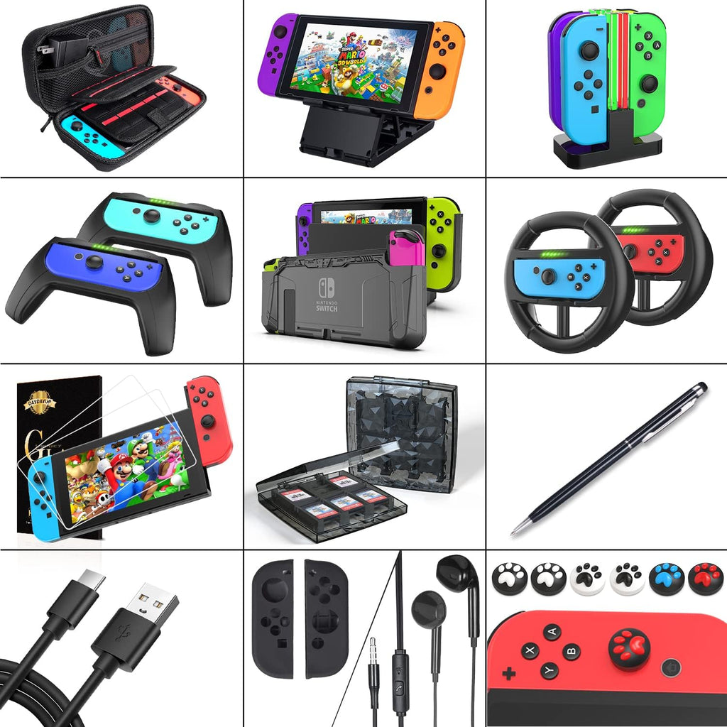 Kit de acessórios 18 em 1 para Nintendo Switch, com protetor de ecrã, suporte para jogos, tampa do disjuntor, tampa do Joystick, proteção do carregador para Joy-con Joystick