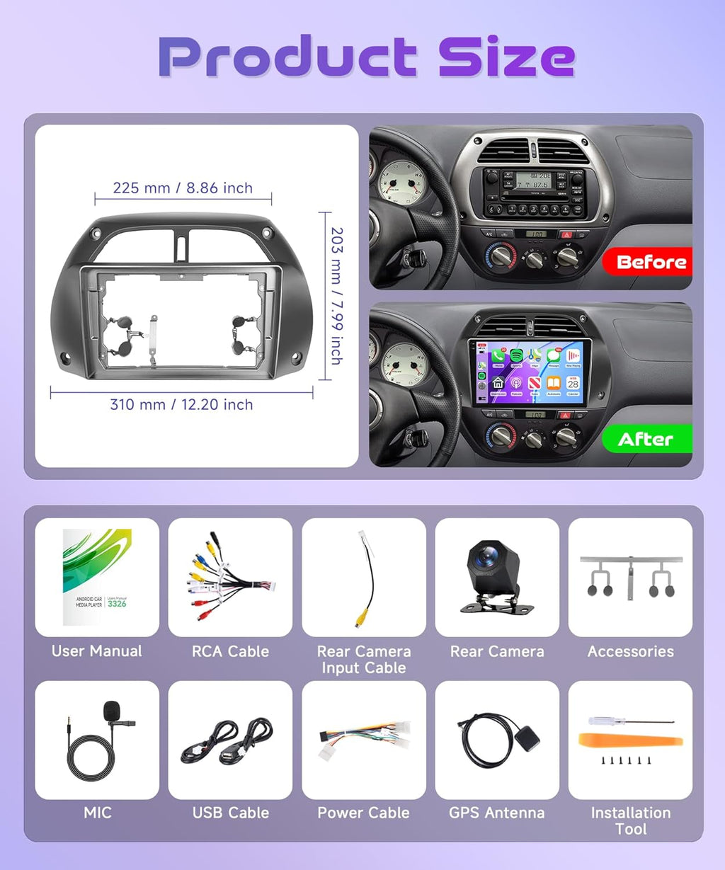 6G+128G 8 Core Wireless Carplay Android Car Radio for Toyota RAV4 2001-2006 9 Inch Screen Car Radio with Android Auto Navi GPS WiFi Mirror Link Bluetooth FM/RDS/DSP/SWC Rear Camera