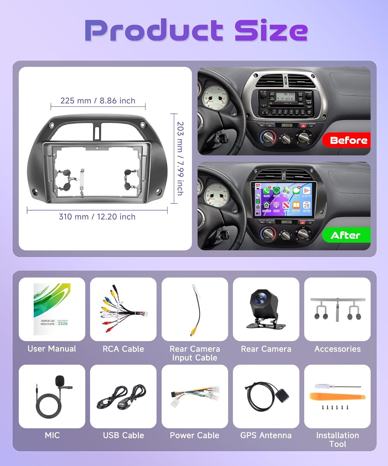 6G+128G 8 Core Wireless Carplay Android Car Radio for Toyota RAV4 2001-2006 9 Inch Screen Car Radio with Android Auto Navi GPS WiFi Mirror Link Bluetooth FM/RDS/DSP/SWC Rear Camera