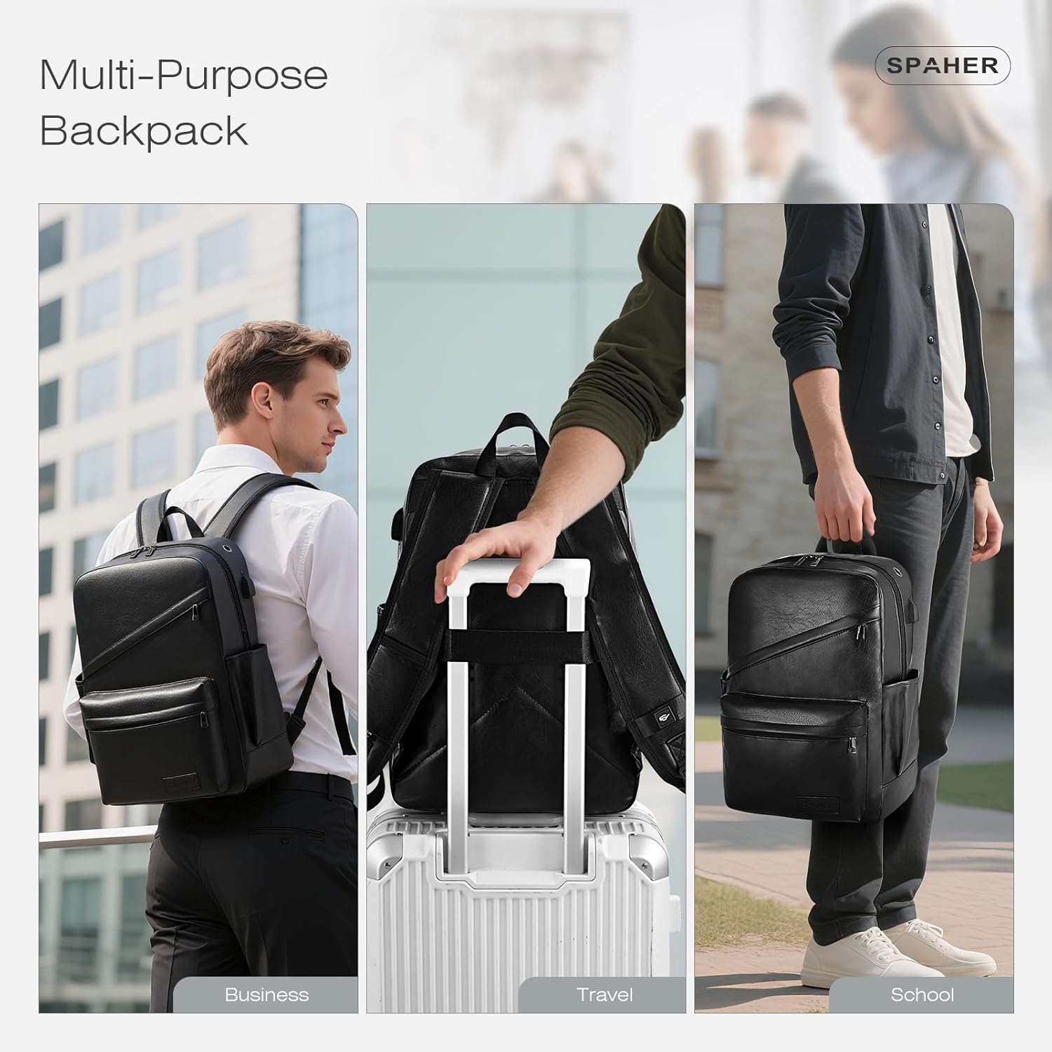 SPAHER Mochila de couro viagem cabine avião 40 x 30 x 20 Wizzair bagagem de mão mochila portátil 15,6 polegadas impermeável com porta de carregamento USB para trabalho escolar homens mulheres 25 L