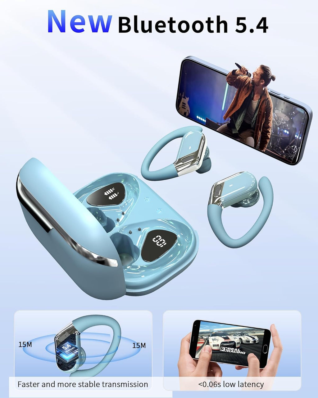 Bluetooth 5.4 Sport Headphones, Bluetooth Headphones with 3D Hifi Stereo, 50 Hours Wireless Earphones In Ear Noise Cancelling ENC and 4 HD Mics, IP7 Waterproof Wireless Earphones