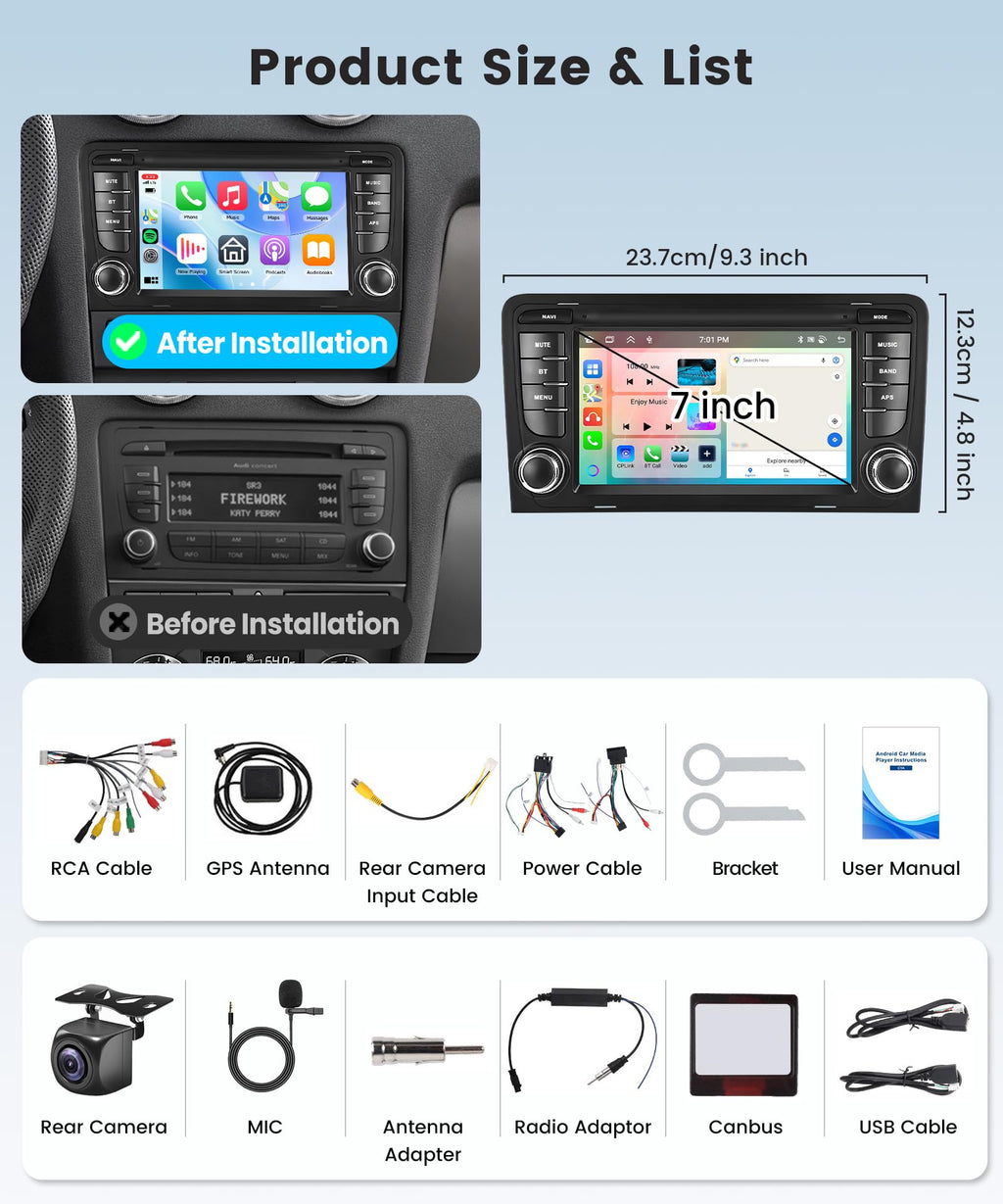 6G+128G 8 Core Wireless Carplay Android Car Radio for Audi A3 8P A3 8P1 S3 RS3 8P RS3 Sportback 7 Inch Car Radio Android Auto GPS Navi WiFi Mirror Link Bluetooth FM/RDS/DSP Rear Camera