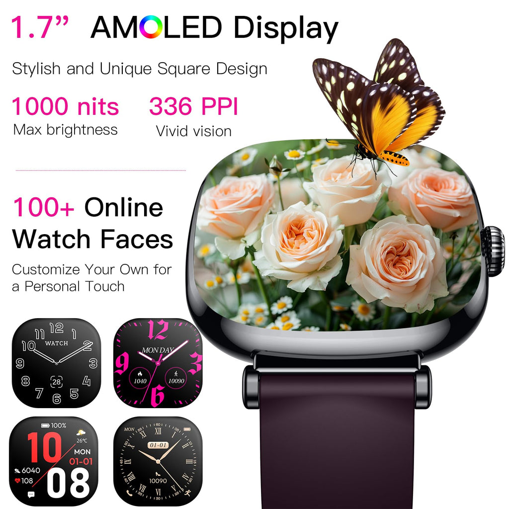 Women's Smart Watch with Call, Small Round 1.7 Inch AMOLED Smartwatch with Menstrual Cycle Monitoring, Heart Rate Monitor, Sleep, Oximeter, 100+ Modes Sports Bracelet Activity (Pink)