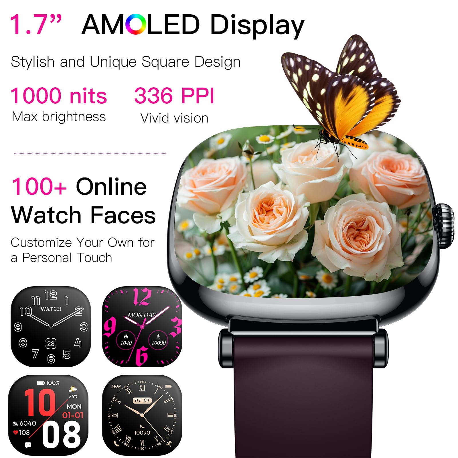 Women's Smart Watch with Call, Small Round 1.7 Inch AMOLED Smartwatch with Menstrual Cycle Monitoring, 100+ Sports Modes Bracelet Activity (Grey)