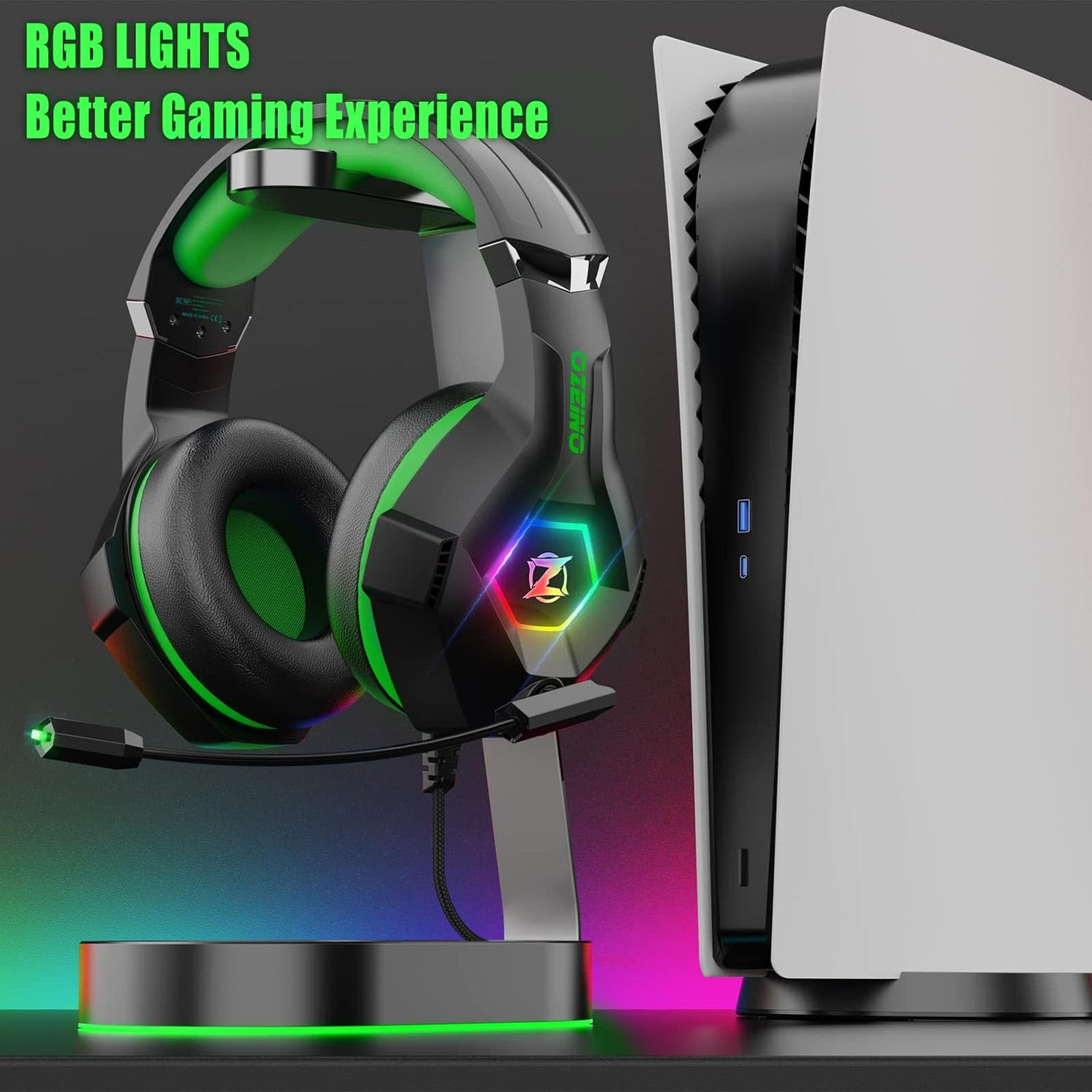 Gaming headset, gaming headset with rotating microphone, RGB light, premium stereo, lightweight comfortable earmuffs, for PS4 PS5 Xbox PC Switch Tablet Laptop 