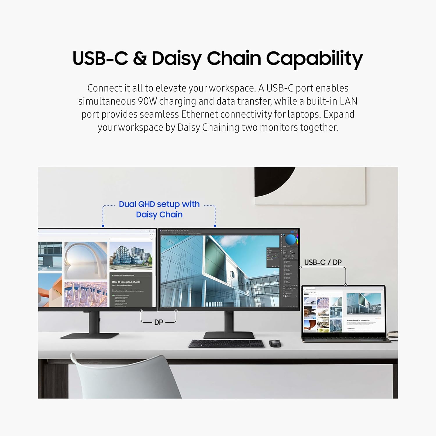 SAMSUNG 32" ViewFinity S6 (S60UD) Series QHD High Resolution Computer Monitor, 100Hz, HDR10, USB-C, Built-In LAN Port, Daisy Chain Support, Easy Setup, Height Adjustable Stand, LS32D606UANXGO, 2024