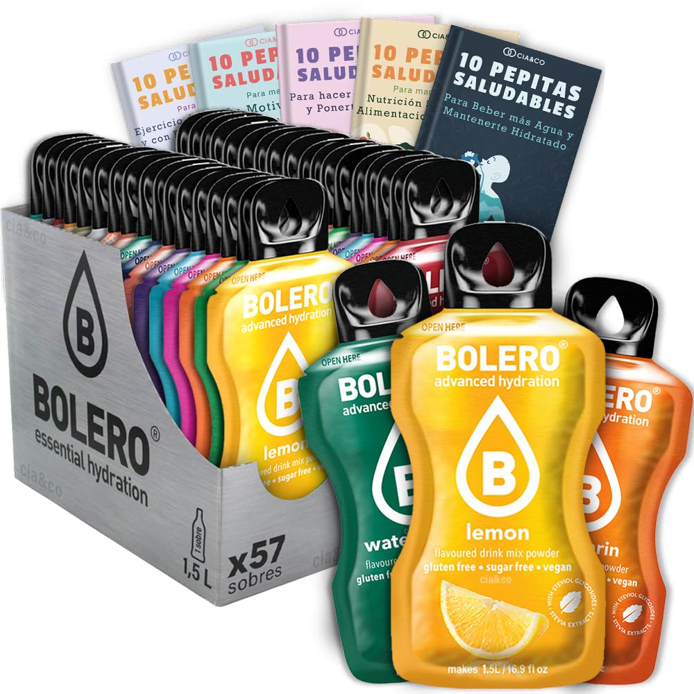 57 x Bolero Drinks MIX VARIETY FLAVORS (57x9 grs) - Healthy and Natural Hydration - Water Alternative with Vitamin C and Stevia Extract + 50 Healthy Nuggets Cia&Co