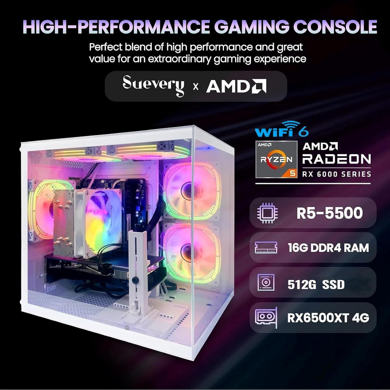 Pre Built Gaming PC Ryzen 5 5500 3.6GHz,(6Core 12Threads Up to 4.2G),Radeon RX6500XT 4G,DDR4 16G Nvme 512G SSD,WiFi 6 Tower Desktop Computer for Home and Office