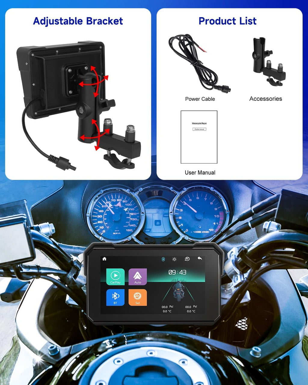 Rimoody Wireless Carplay Motorbike Navi Android Auto, 5 Inch Touch Screen Portable Carplay for Motorcycles, Car Radio for Motorcycles with Bluetooth/Navigation/IP68 Waterproof 