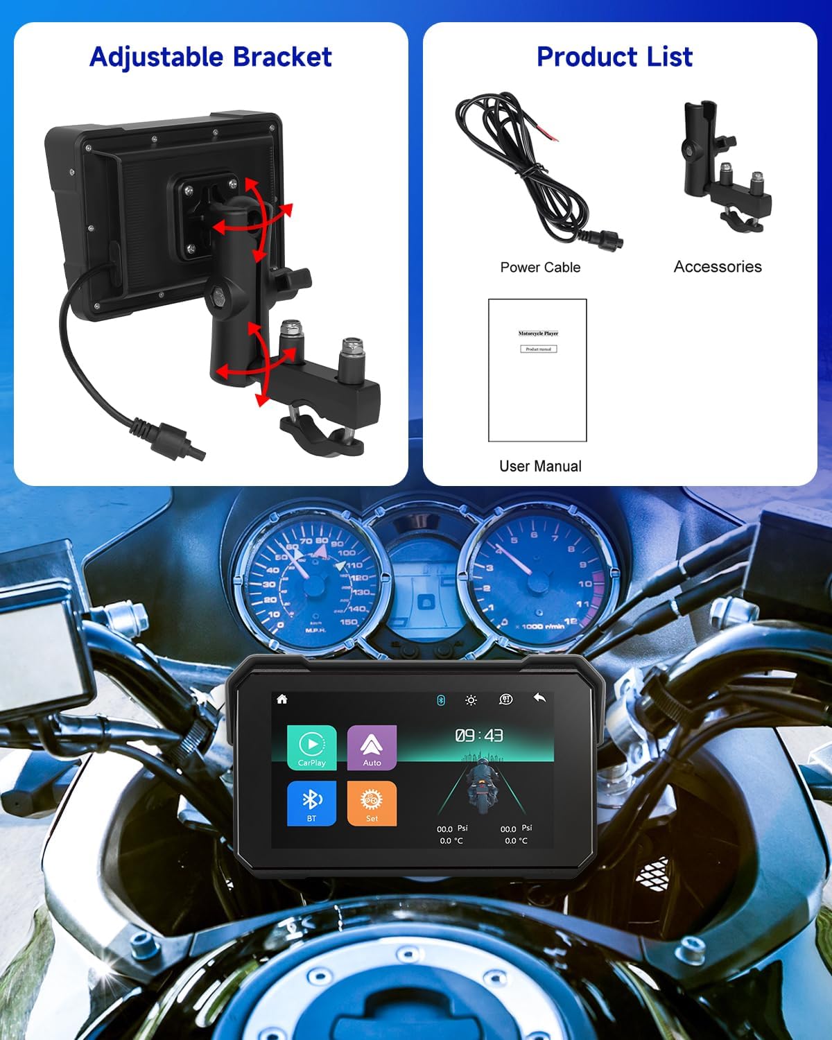 Rimoody Wireless Carplay Motorbike Navi Android Auto, 5 Inch Touch Screen Portable Carplay for Motorcycles, Car Radio for Motorcycles with Bluetooth/Navigation/IP68 Waterproof 