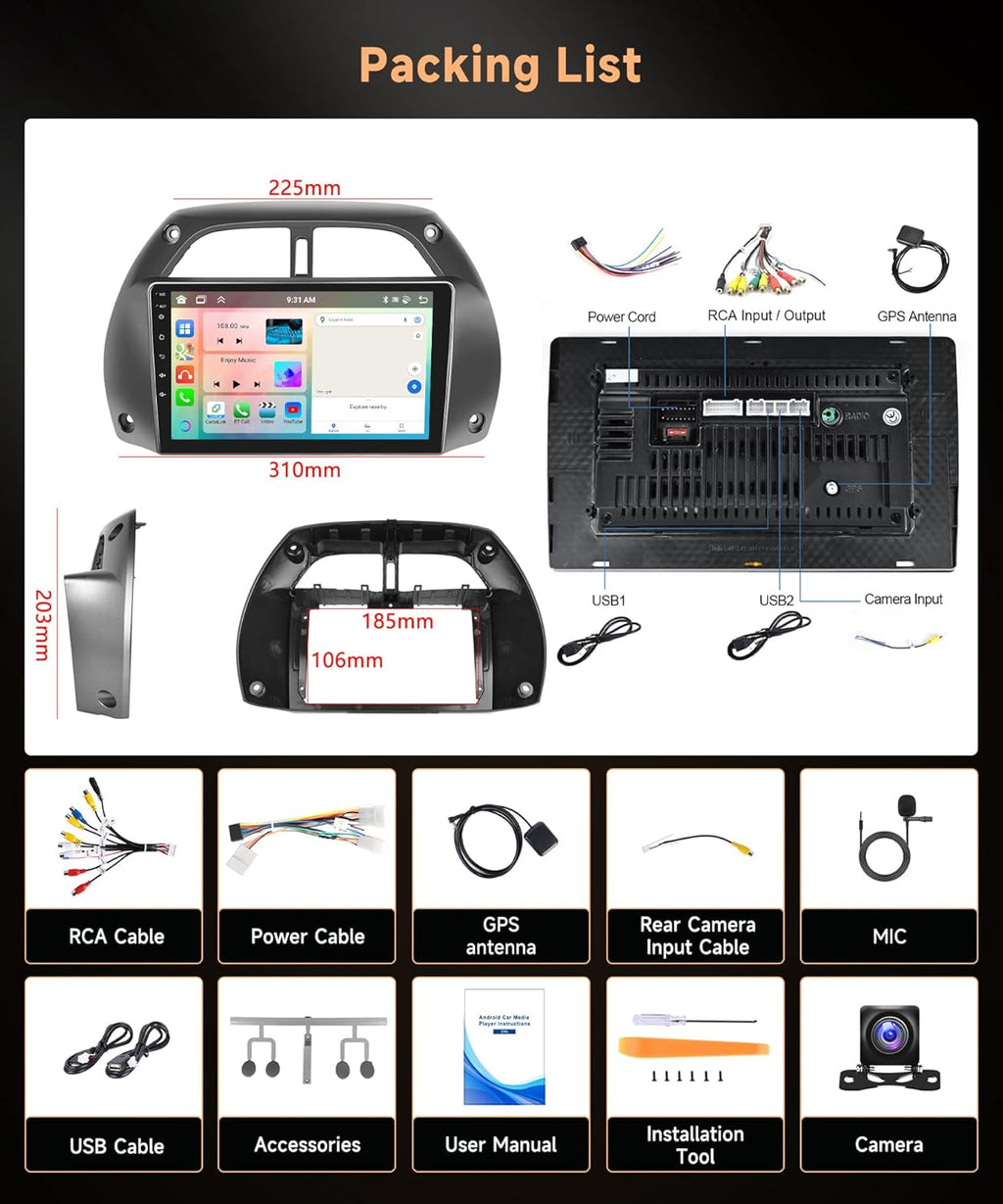 6G+128G 8 Core Wireless Carplay Android Car Radio for Toyota RAV4 2001-2006 9 Inch Screen Car Radio with Android Auto Navi GPS WiFi Mirror Link Bluetooth FM/RDS/DSP/SWC Rear Camera
